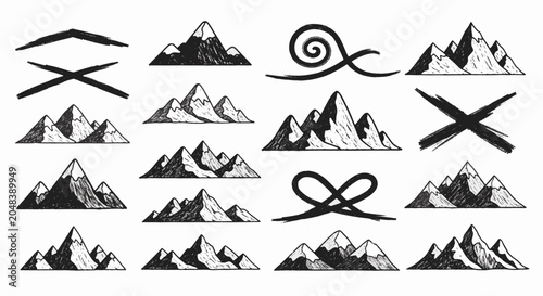 Set of hand-drawn chalk style mountain ranges and peaks. Black ink sketch of snowy mountain summits, abstract brush strokes, and decorative elements isolated on white background.