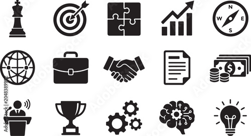A collection of black vector icons representing business concepts like strategy leadership teamwork finance growth innovation and professional success goals