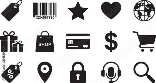Картината върху платно Professional vector illustration set featuring various black e-commerce shop ico