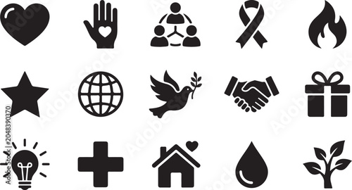 Set of black silhouette vector graphic icons featuring various social symbols including heart love peace dove and teamwork concepts design