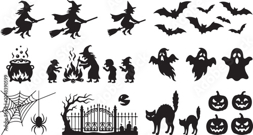 Detailed collection of black halloween vector graphic silhouettes featuring witches bats ghosts pumpkins cats and spooky graveyard gate elements