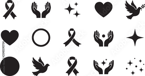 Photos Set of black vector graphic icons featuring heart shapes peace doves awareness r