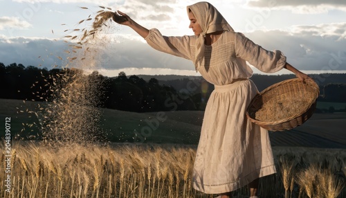 Young Woman Sowing Seeds in a Golden Wheat Field During Sunset, Capturing Harvest Essence