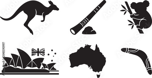 A collection of black vector illustrations depicting iconic Australian symbols including a kangaroo map koala didgeridoo opera house and boomerang