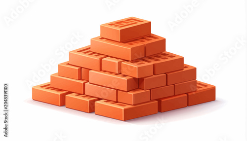 Detailed vector illustration of a pyramid of red clay bricks, essential construction material, isolated on a clean white background, emphasizing solid form and building potential