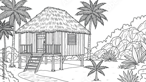 Fotografía Tropical beach hut with thatched roof surrounded by palm trees and lush vegetation beside rocky hills on sunny day