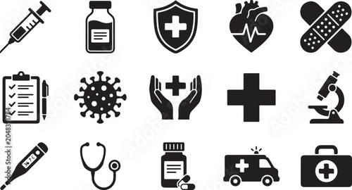A set of black and white medical vector graphic icons representing healthcare equipment and professional clinical services for modern design