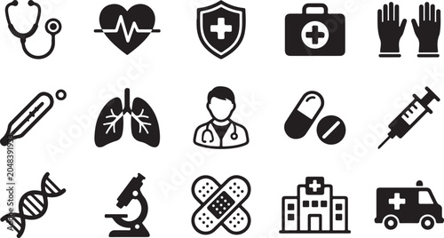 Professional medical icon set featuring clean vector illustrations of essential healthcare equipment and clinical symbols for modern digital design projects