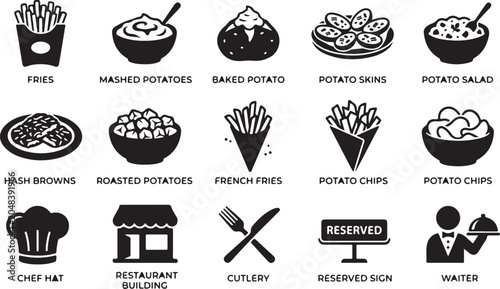 Black and white vector illustration set displaying various potato food dishes and restaurant icons for culinary design projects and menus