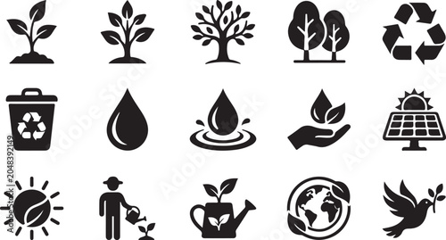 Minimalist black vector graphic set showcasing diverse environmental icons representing nature conservation sustainability earth protection and renewable energy source concepts