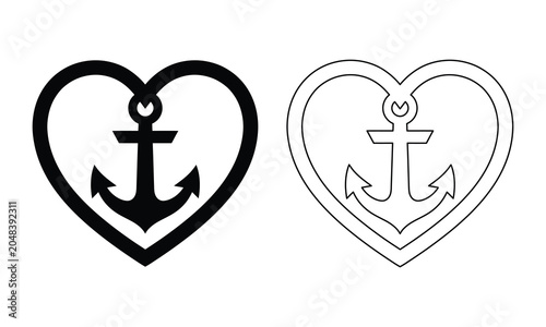 Billede på lærred Heart with anchor icon set in black and line art style.