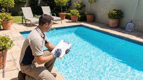 Pool pro checks list near blue water ensures safety concept. Pool technician checks water quality and maintenance in a sunny backyard.