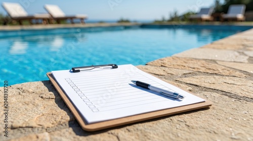Pool pro checks list near blue water ensures safety concept. Relaxing poolside scene with a clipboard and pen, perfect for planning summer activities.