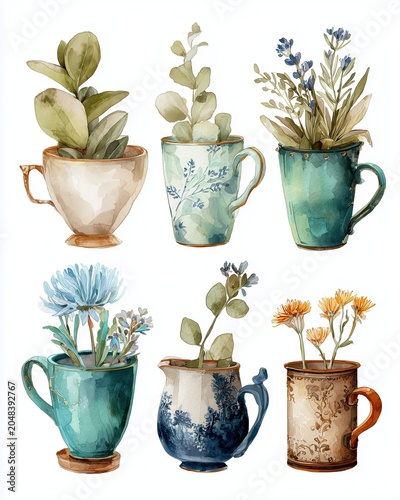 Botanical Watercolor Art of Unique Vintage Teacups and Mugs with Plants for Cottagecore Decor and Eco-Friendly Design Enthusiasts