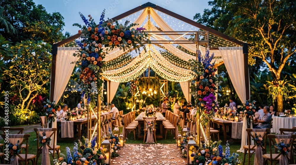 Obraz premium Stunning outdoor wedding setup with elegant decor and vibrant floral arrangements.