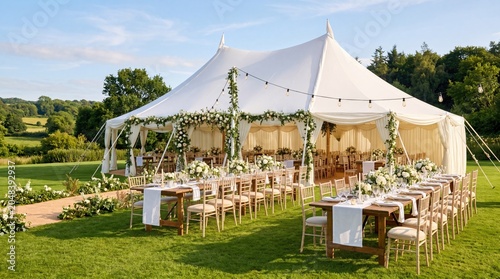 Stunning outdoor wedding setup featuring elegant tent and beautifully arranged tables.