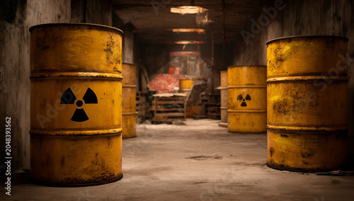 A dimly lit, concrete room showcases several bright yellow barrels marked with radiation symbols. The barrels are lined