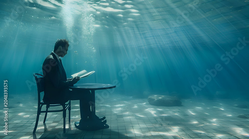 Young caucasian male reading underwater in sunlit pool