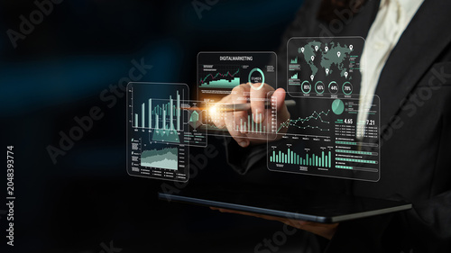 Konstfotografi Professional Businessperson Analyzing Data with Interactive Digital Interface in Modern Workspace for Business Insights and Solutions Fluxor