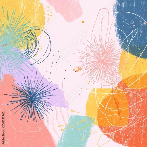 Abstract Pastel Expressionism Art with Geometric Shapes and Vibrant Color Bursts for Modern Interior Decor