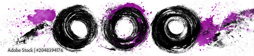 Three swirling dark circles with inner white space, accented by bursts of violet paint splatters against a white backdrop