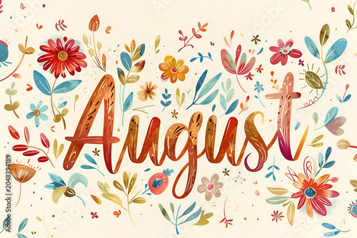 August floral design with colorful flowers and leaves
