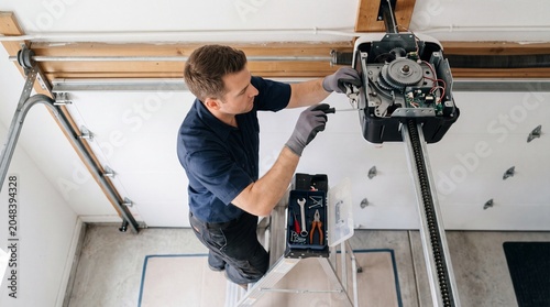 Technician repairs garage door opener with tools in professional workspace.