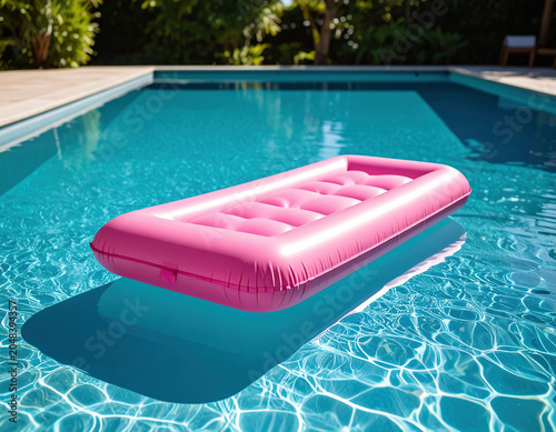 Pink inflatable air mattress floating in a crystal-clear swimming pool, capturing summer relaxation, vacation leisure, and sunny outdoor recreation.