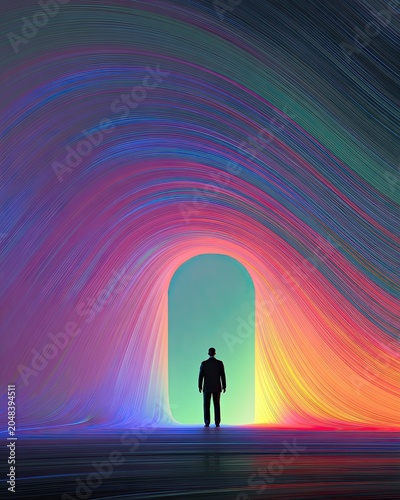 Business Professional Standing in Colorful Abstract Tunnel Symbolizing New Opportunities and Future Concepts