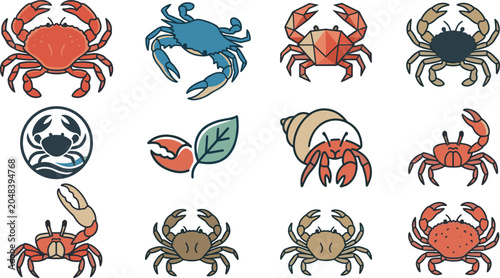 Obraz na płótnie Crab and Hermit Crab Icon Collection Featuring Marine Crustaceans, Seafood Symbo