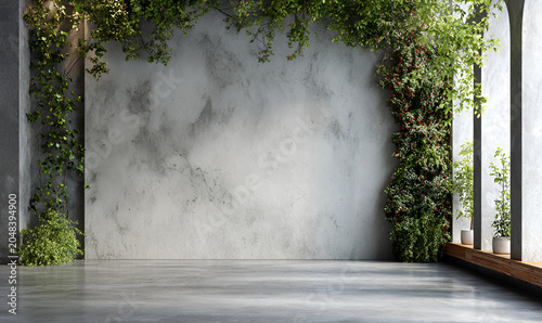 Modern interior with a textured concrete wall adorned by lush greenery cascading down, bright light coming through an opening