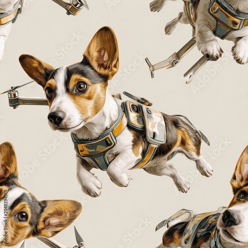 Illustrated Corgi with Drone Features in Tactical Gear Background Seamless Pattern