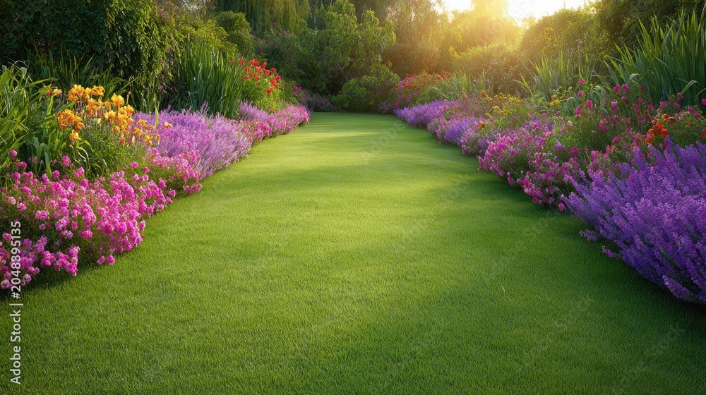 Obraz premium Serene Garden Pathway with Vibrant Flower Borders Under Golden Sunset Light for Relaxation and Nature Enthusiasts