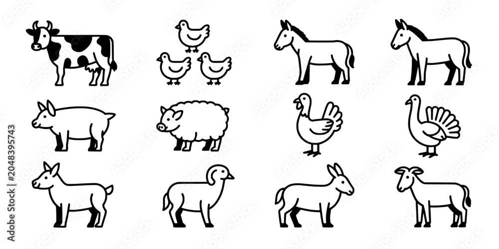 Fototapeta premium Cow Dog Pig Chicken Sheep Goat Farm Animal Icons Set in Simple Line Art Style for Educational Cards and Stickers