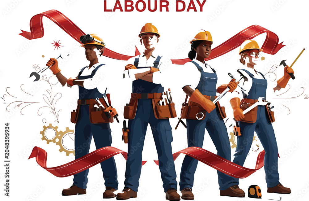 Obraz premium International Labour Day Banner Featuring Diverse Skilled Workers with Tools and Safety Helmets in Teamwork Concept