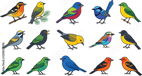Fotografía Colorful Songbird Collection Featuring Finches, Warblers, Bluebirds, Orioles, an