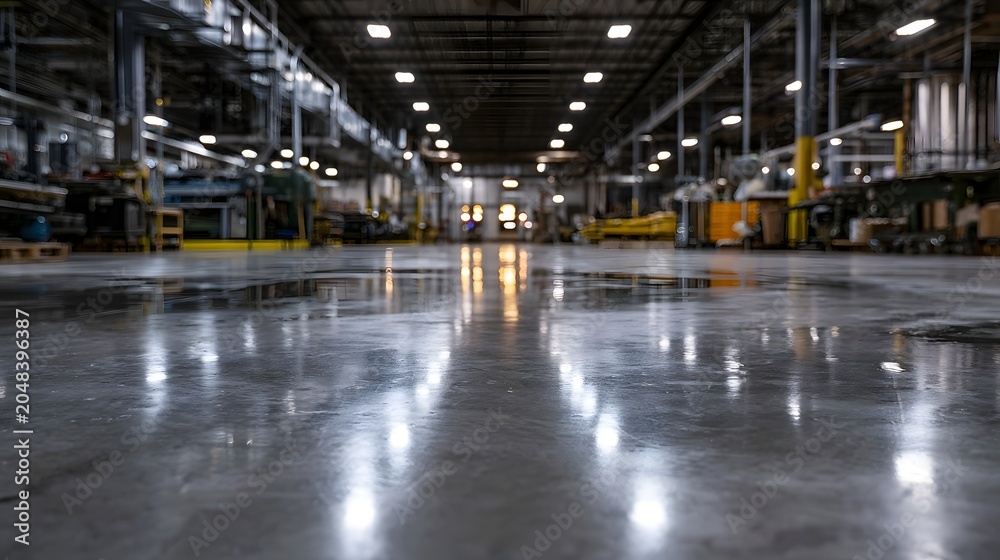 Obraz premium An expansive view of a heavy duty wet concrete industrial floor with cool metal structures and overhead beams