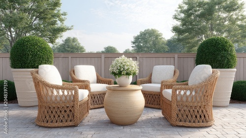 Elegant Outdoor Lounge Area with Wicker Chairs, Planters, and Center Table Surrounded by Lush Greenery in a Tranquil Garden Setting