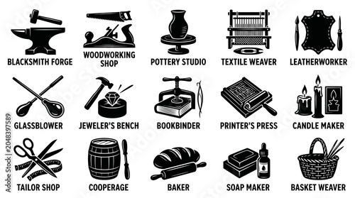 Black and White Glyph Icons Set of Traditional Artisan Crafts and Handicraft Professions