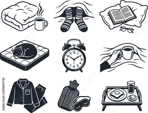 Fotografi Cozy Home Comfort and Bedtime Routine Icon Set Featuring Sleep Essentials, Relax