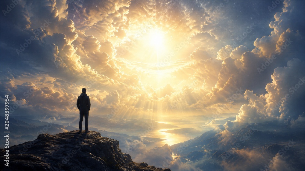 Fototapeta premium Silhouetted figure observing bright sky from rocky cliff