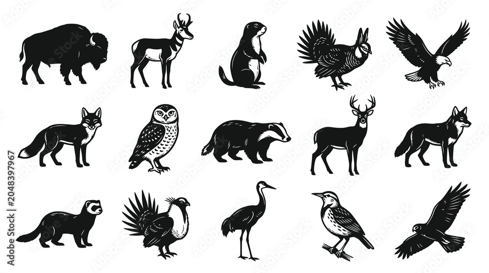 Obraz premium North American Wildlife Black White Silhouette Vector Art Collection - Mammals and Birds Icons