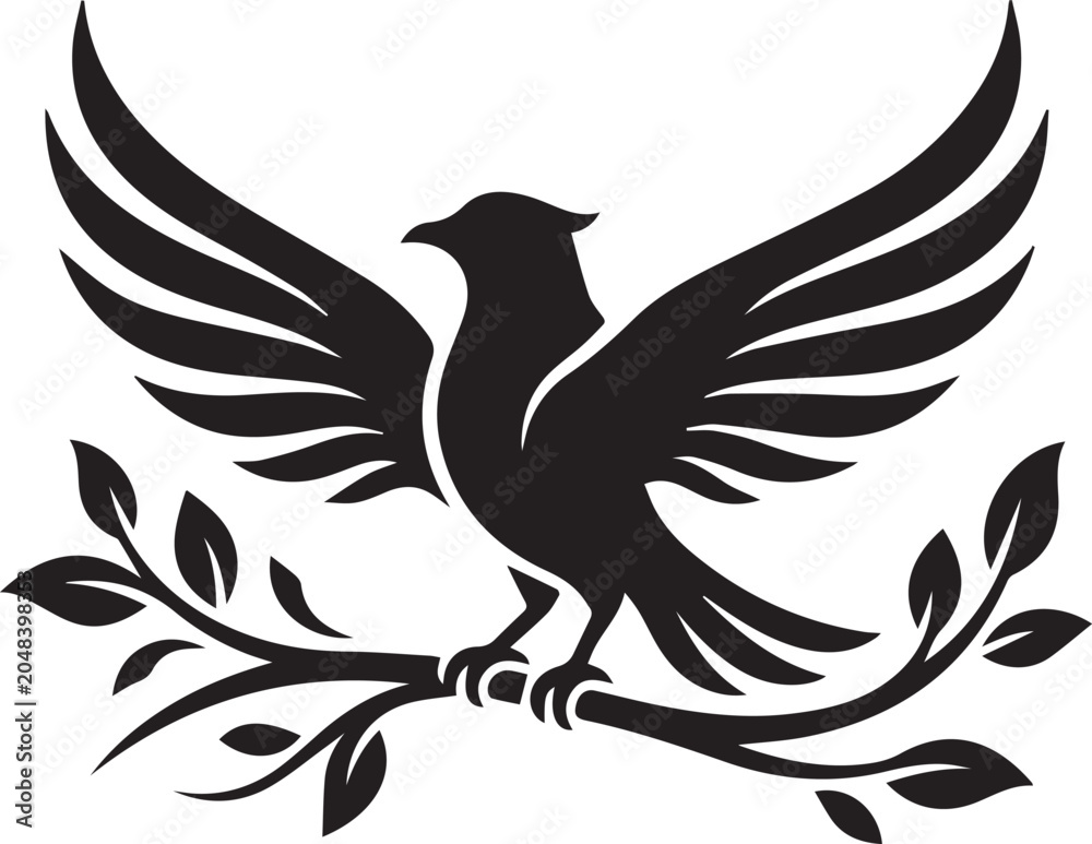 Fototapeta premium Elegant Flying Bird Silhouette with Branches Vector Illustration