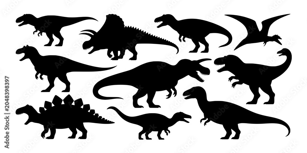 Obraz premium Dinosaur Silhouette Set with Multiple Prehistoric Reptiles, Roaring Poses and Vector-Style Shape for Educational Decor