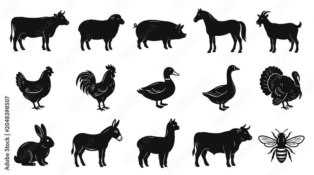 Obraz premium Farm Animals Silhouettes Collection Black and White Vector Icons