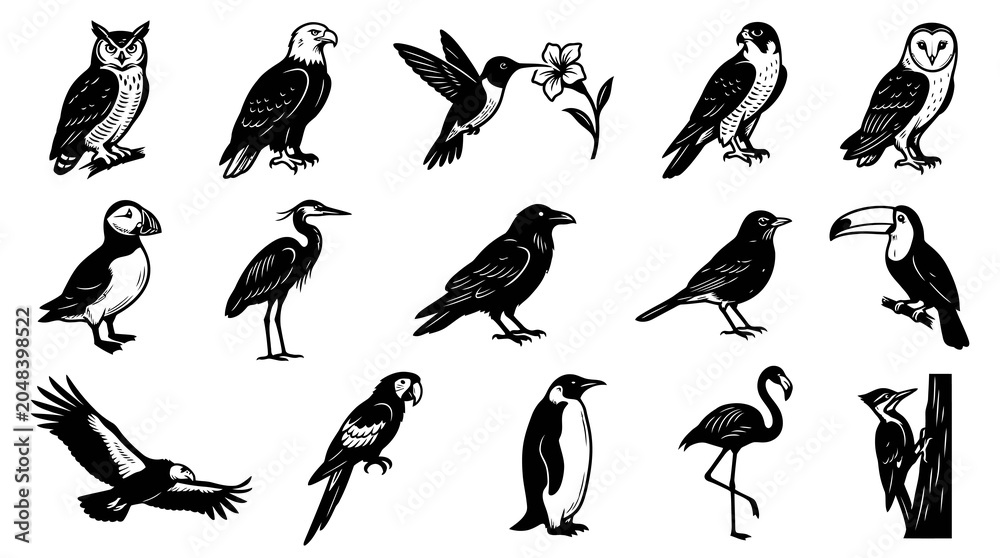 Obraz premium Black and White Line Art Collection of Diverse Birds, Animals Vector