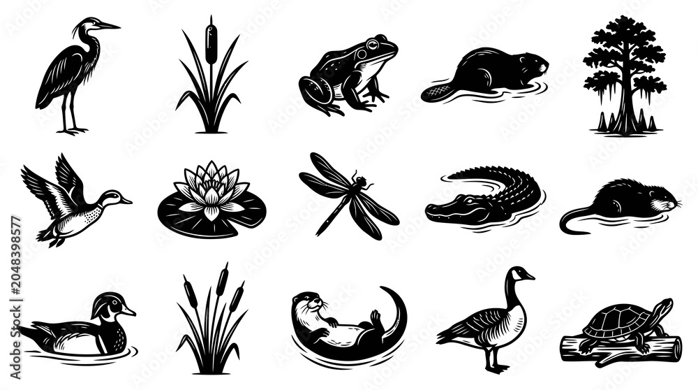 Obraz premium Black and White Vector Icons: Wetland Wildlife and Nature Elements