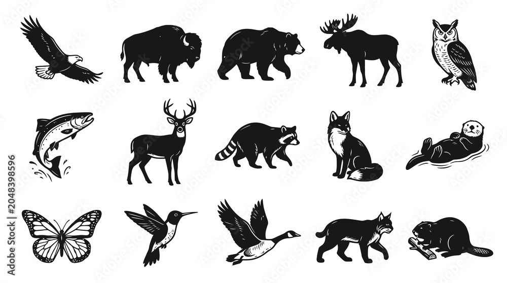 Obraz premium North American Wildlife Animals Black and White Line Art Silhouettes Collection