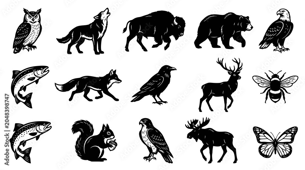 Obraz premium Vintage North American Wildlife Black and White Illustrations Set - Forest, River, and Sky Animals