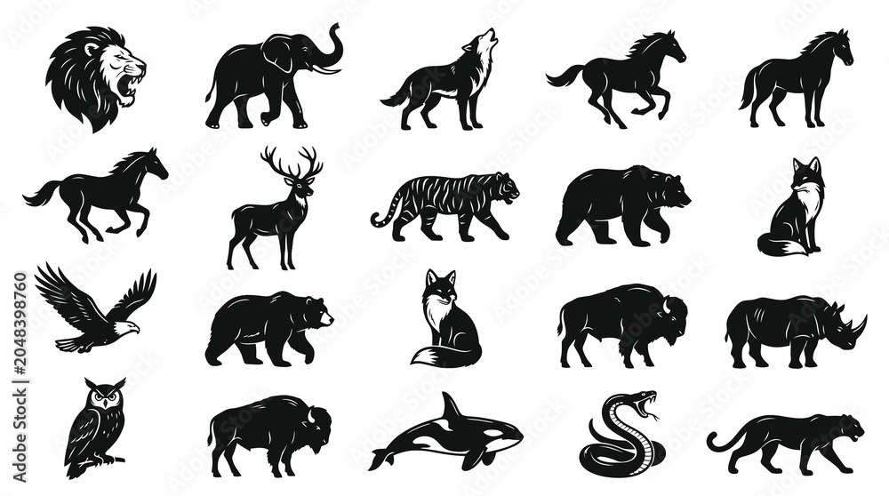 Obraz premium Black and White Wild Animals Glyph Icons Set - Nature Wildlife Mammals Birds Reptiles Vector Silhouettes